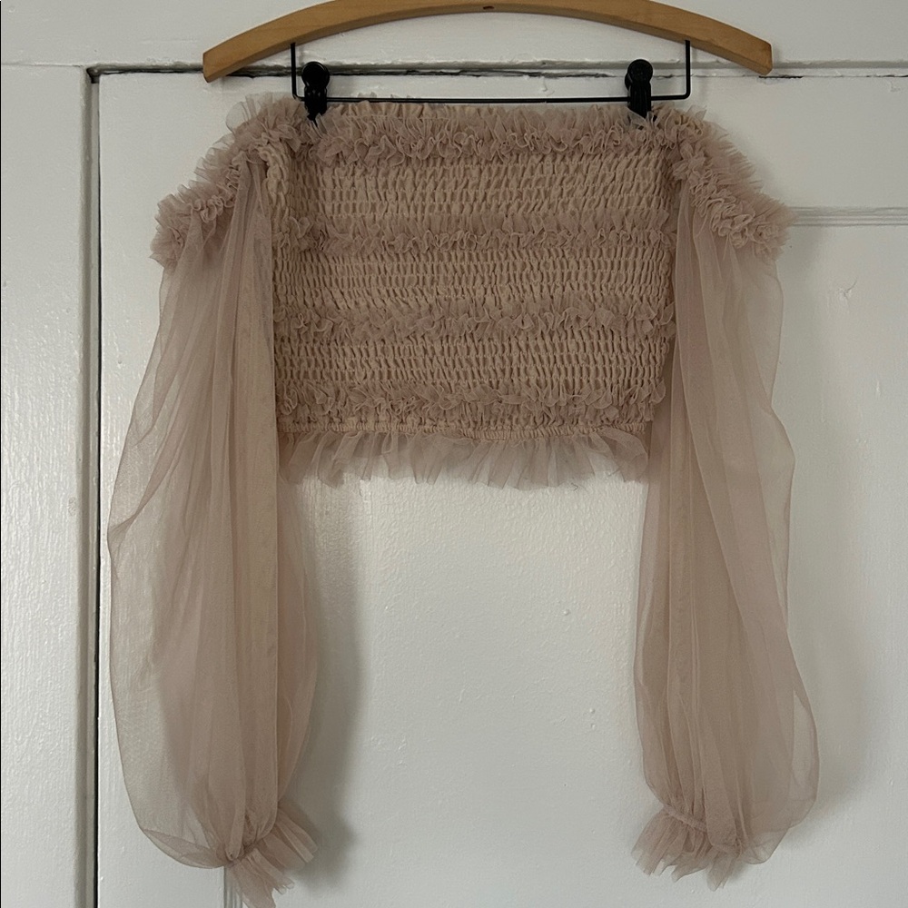 MABLE Ruffled Smocked Off-Shoulder Crop Top